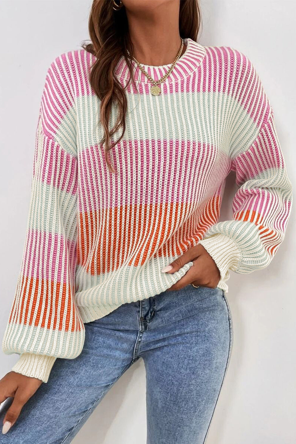 Pink Colorblock Lantern Sleeve Rib Knitted Sweater