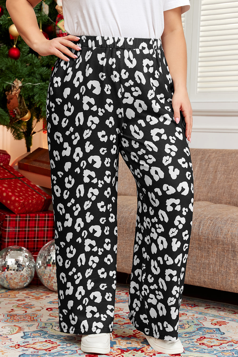 Leopard Print Wide Leg Pockets Plus Size Pants