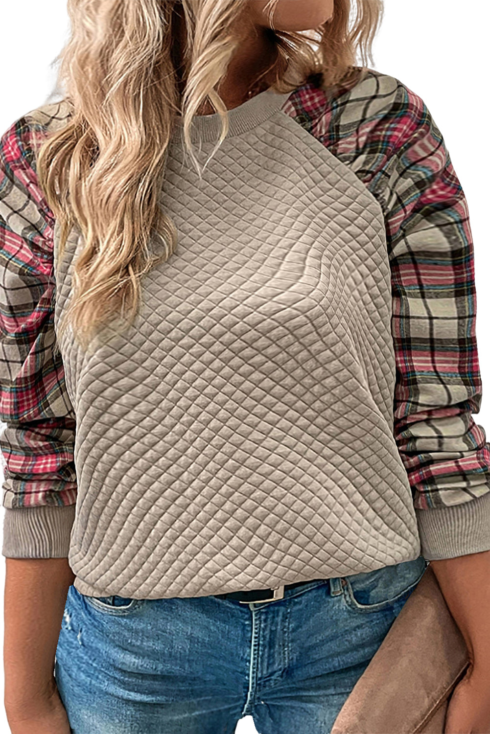 Apricot Plus Size Plaid Raglan Sleeve Crew Neck Sweatshirt