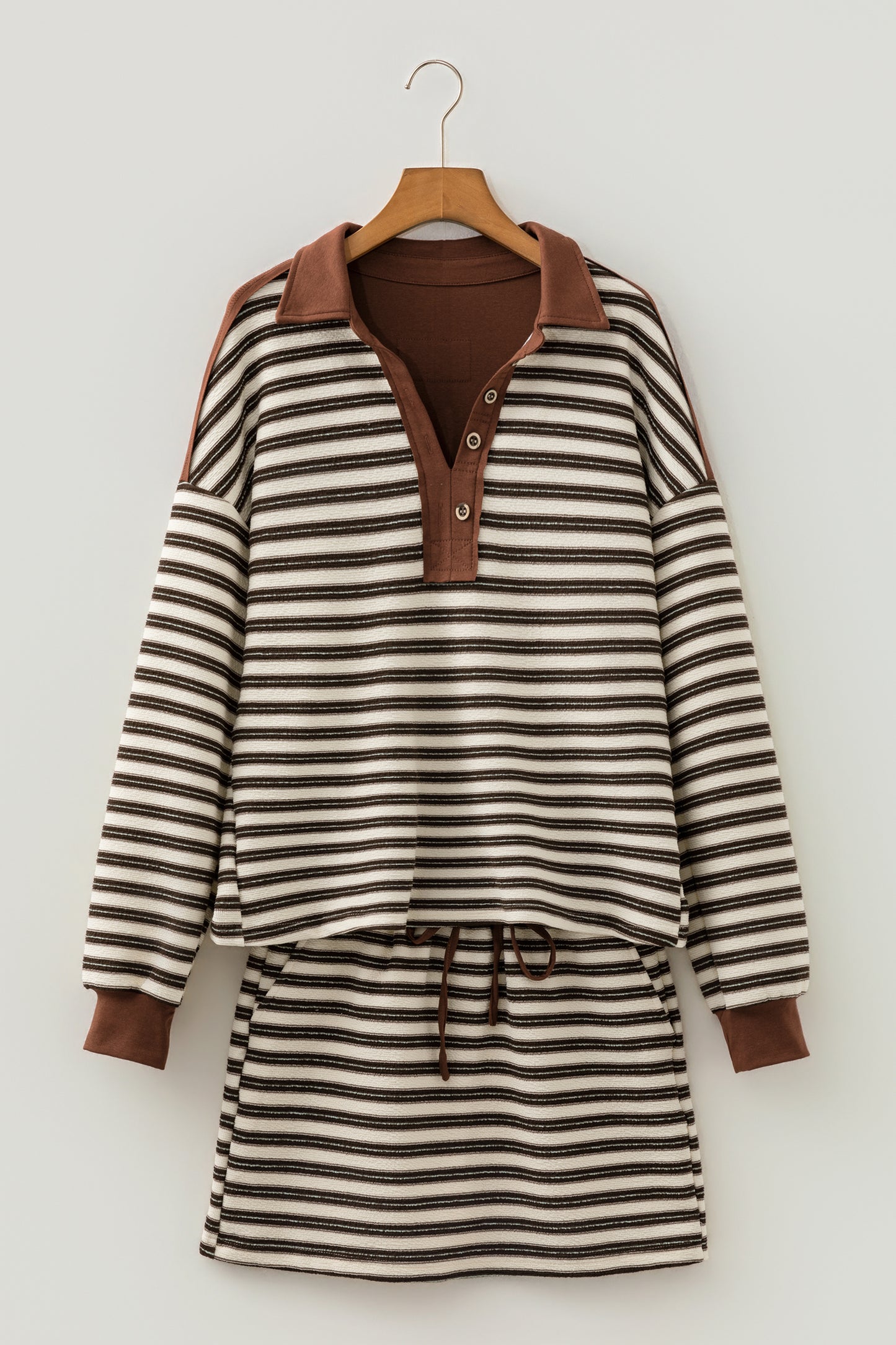 Brown Stripe Contrast Trim Button Neck Long Sleeve Top Drawstring Mini Skirt Set