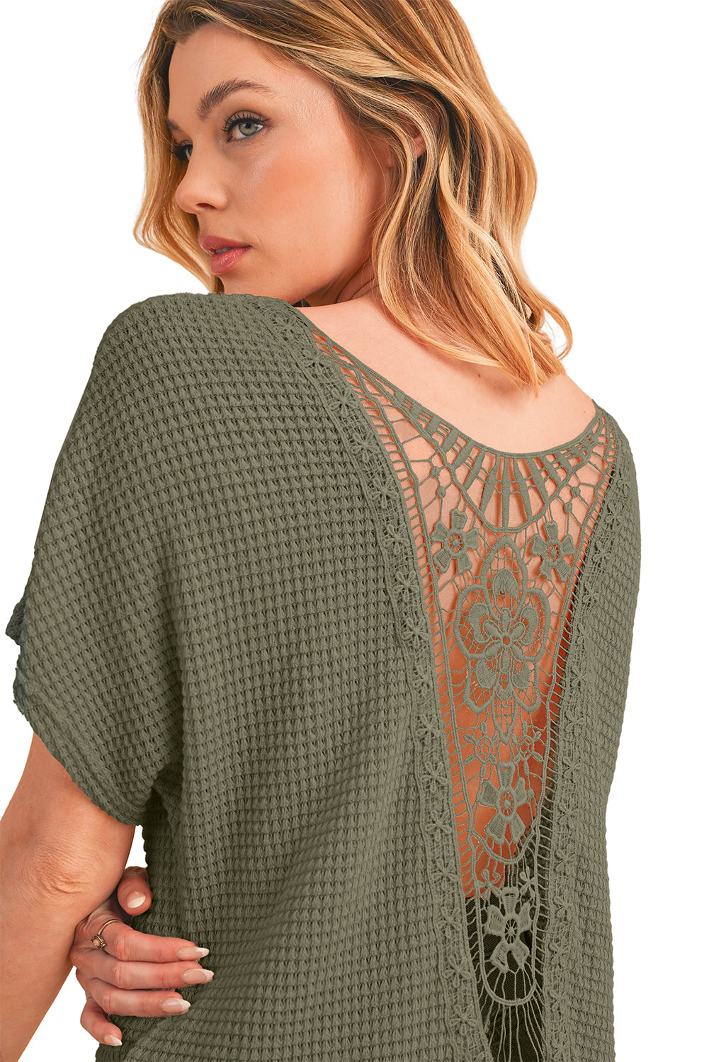 Oatmeal Lace Back Waffle Textured T-shirt