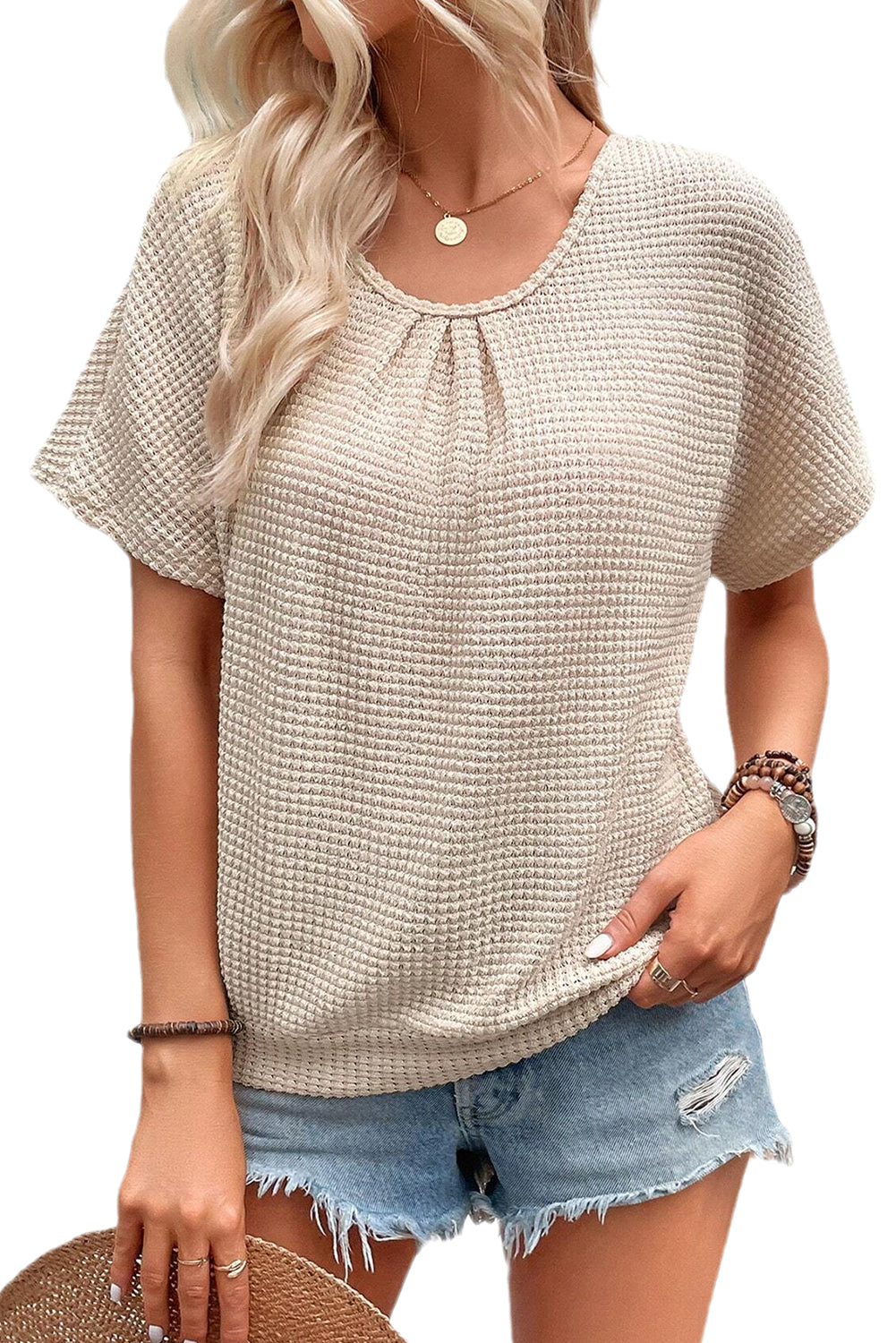 Oatmeal Lace Back Waffle Textured T-shirt