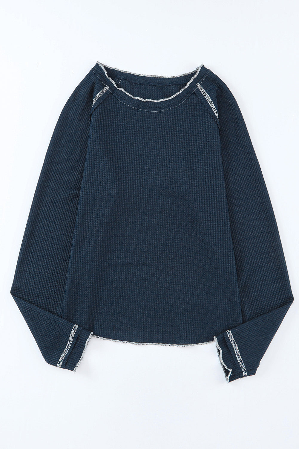 Blue Exposed Seam Textured Pullover Long Sleeve Top