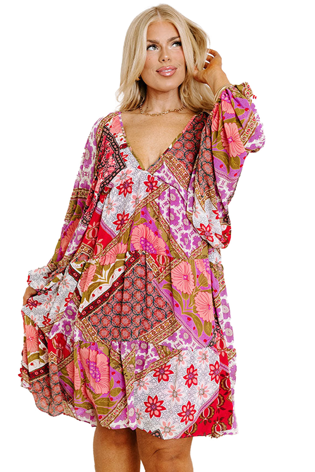 Rose Floral Patchwork Long Sleeve V Neck Lace-up Back Plus Size Dress