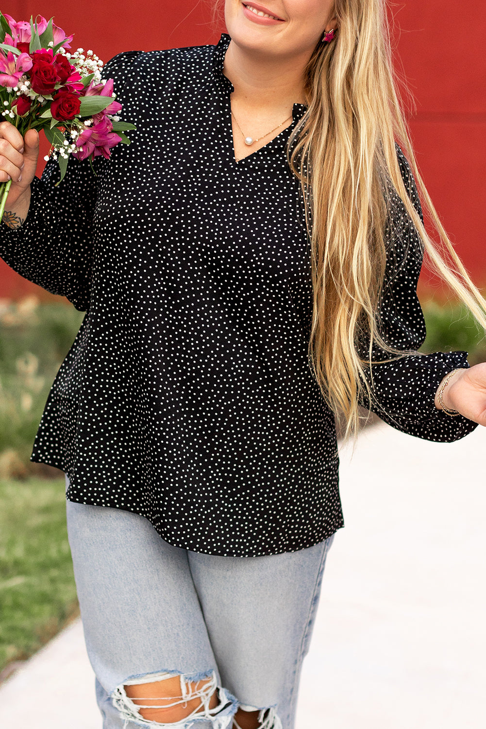 Black Plus Size Leopard Print Frill Notch V Neck Blouse