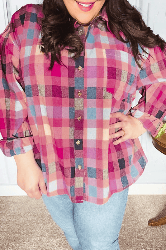 Rose Checkered Print Button-up Plus Size Shirt