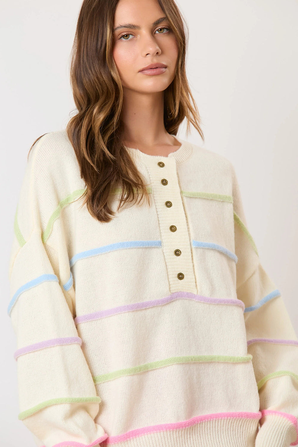 Pink Rainbow Striped Drop Sleeve Henley Sweater