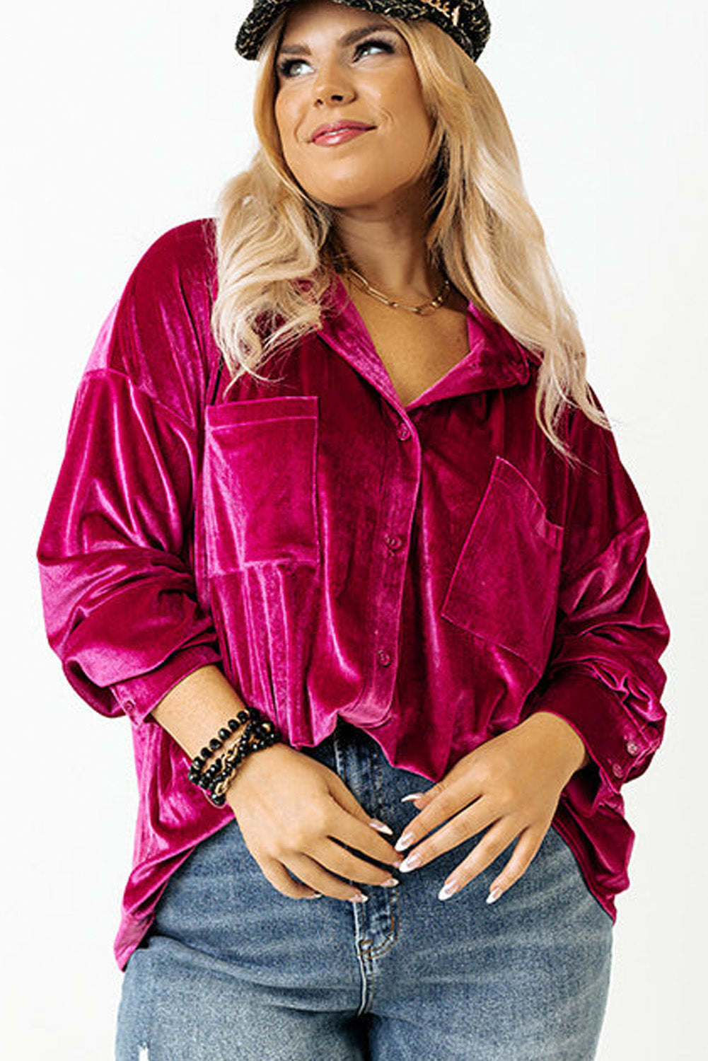 Bright Pink Plus Size Velvet Chest Pocket Drop Shoulder Shirt