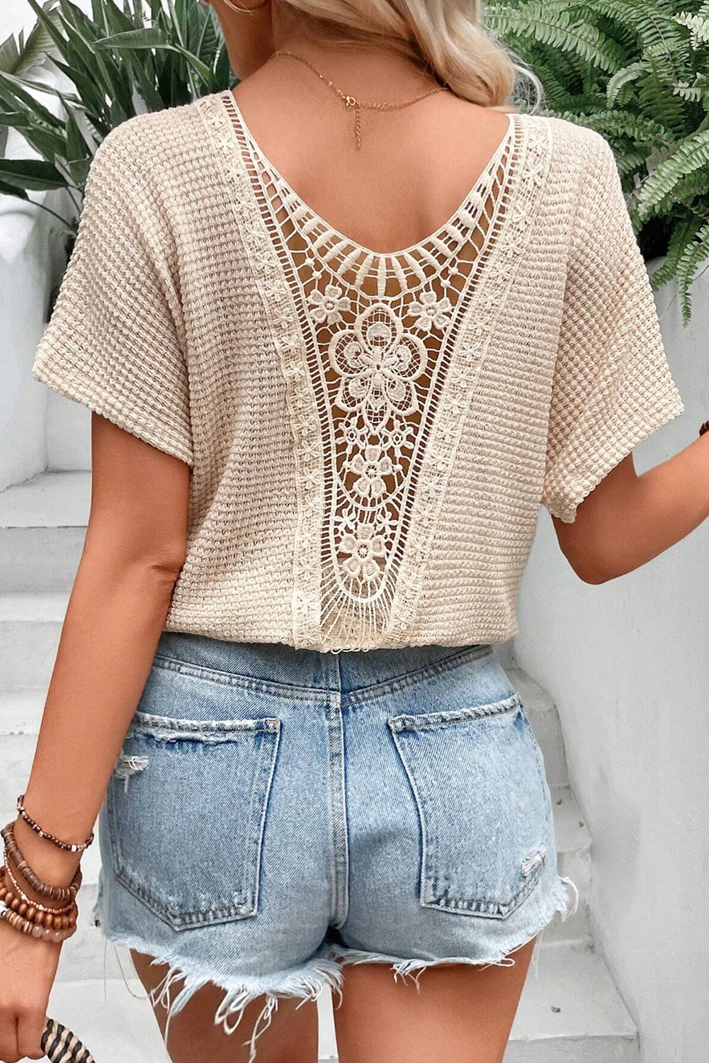 Oatmeal Lace Back Waffle Textured T-shirt