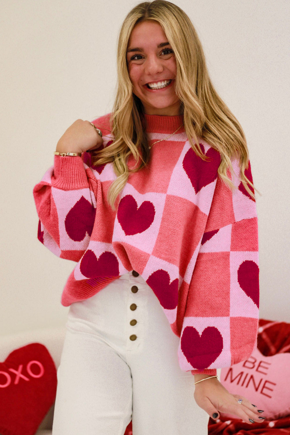 Pink Plus Size Heart Colorblock Mock Neck Lantern Sleeve Sweater