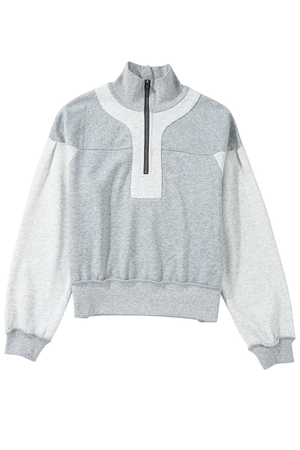 Gray Zip Collar Colorblock Side Slits Sweatshirt