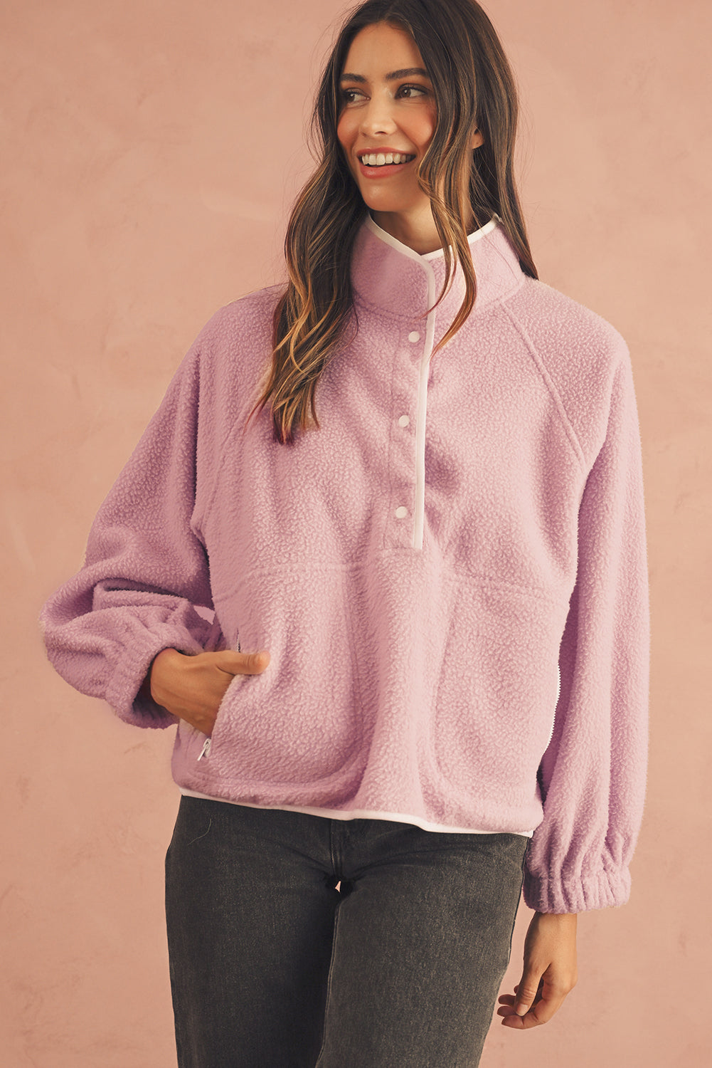 Fushia High Collar Long Sleeve Pocket Pullover Sweatshirt