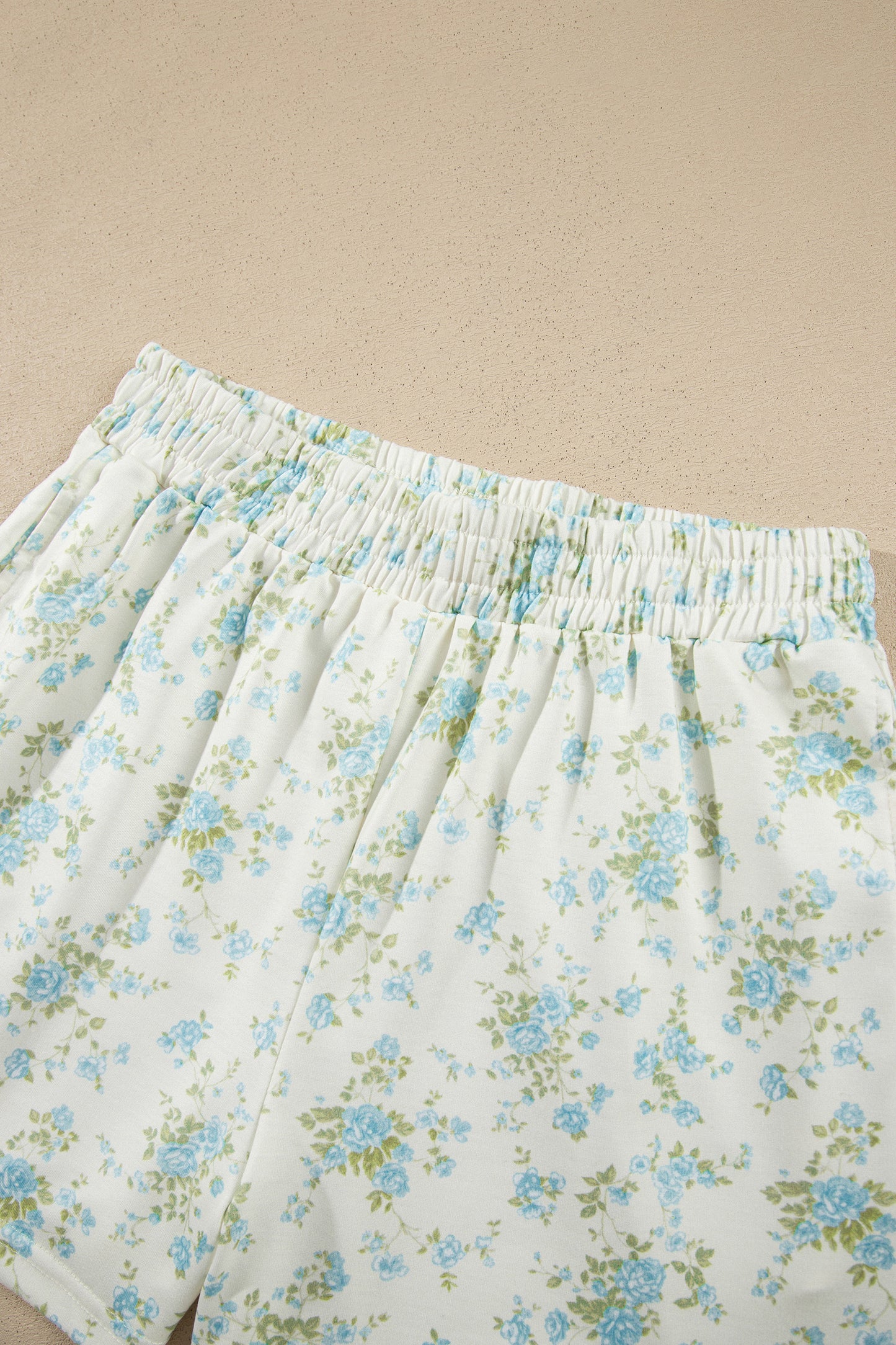 Sky Blue Floral Print Short Sleeve Elastic Waist Pocket Two Piece Set