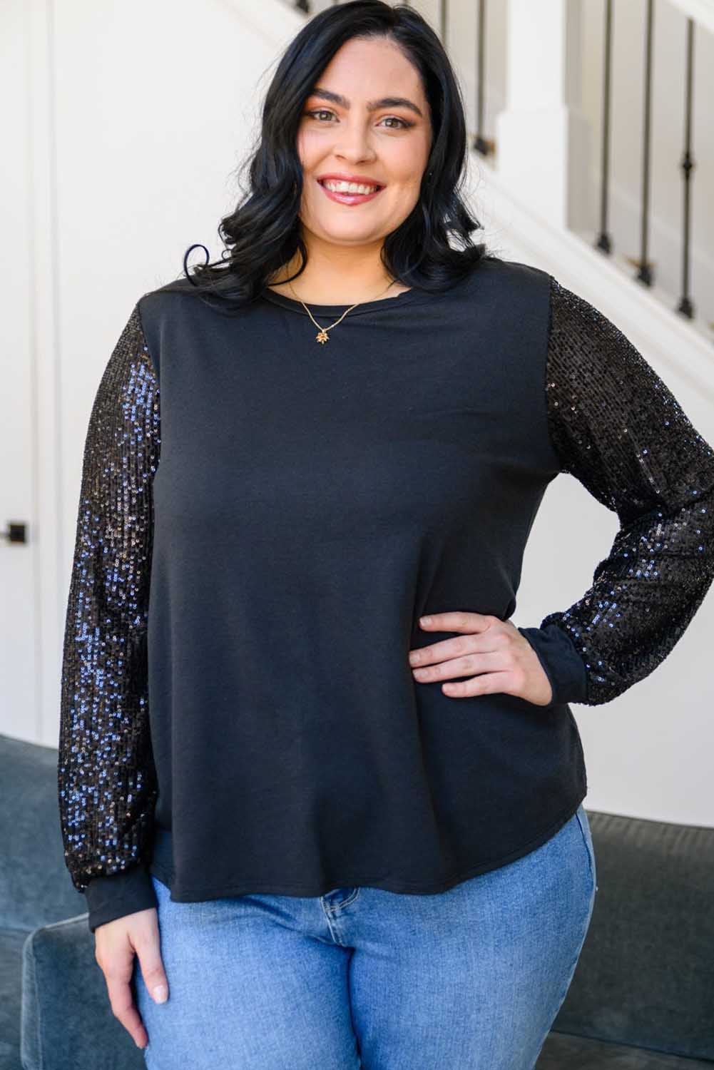 Black Sequin Contrast Long Sleeve Plus Size Top