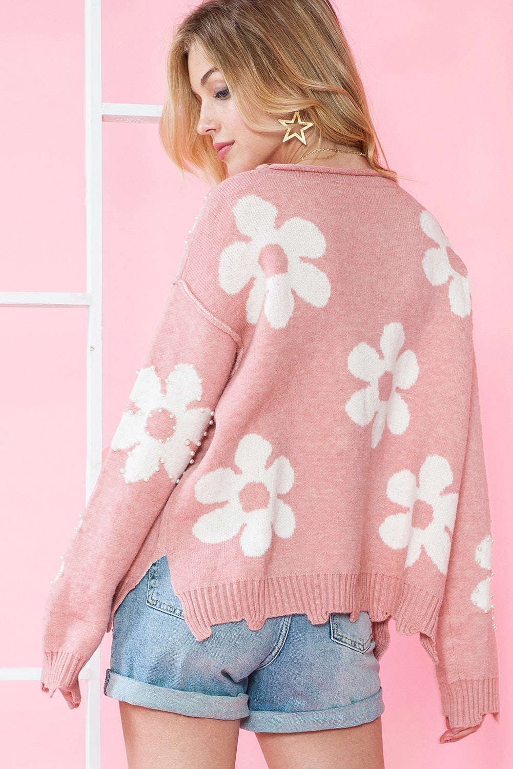 Bonbon Pearl Beaded Heart Drop Shoulder Sweater