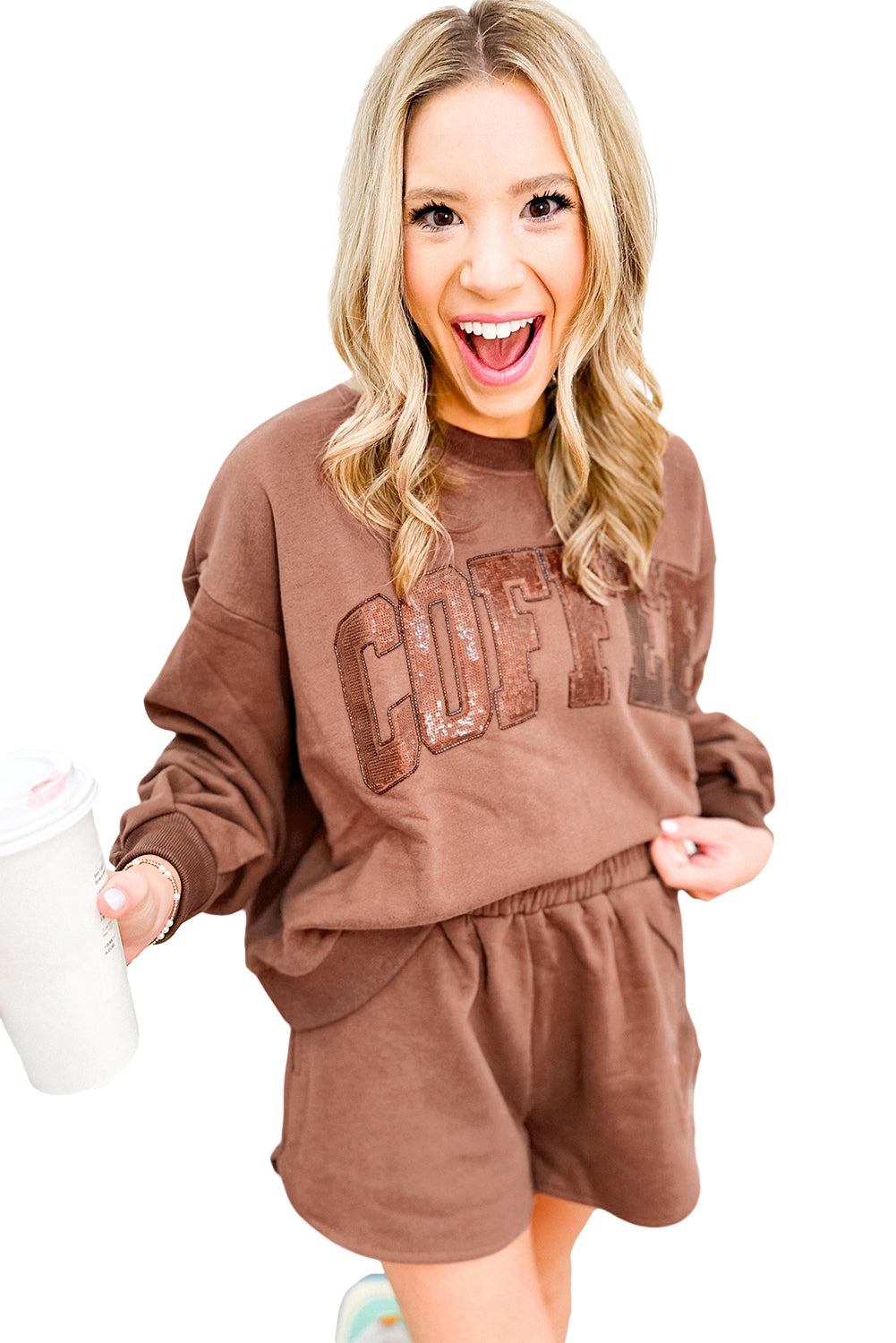 Sequins COFFEE Loose Fit Sweatshirt and Shorts Set