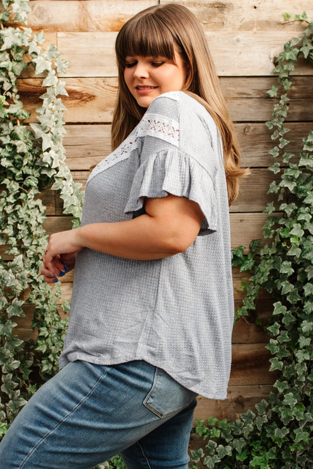 Light Grey Lace Patchwork Ruffle Sleeve Waffle Plus Size Top