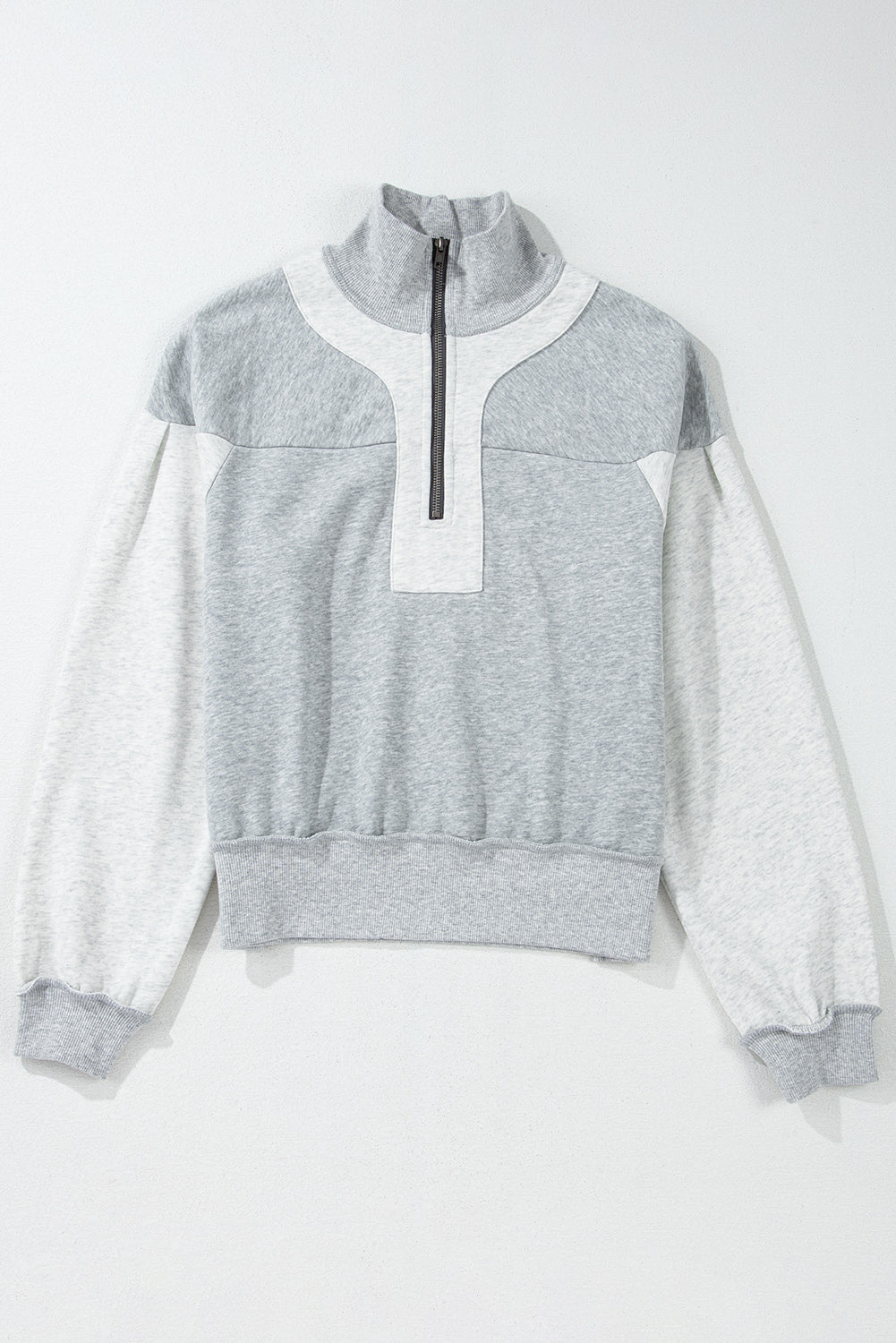 Gray Zip Collar Colorblock Side Slits Sweatshirt