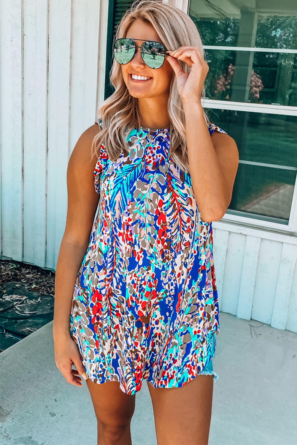 Boho Abstract Print Ruffle Babydoll Sleeveless Shirt