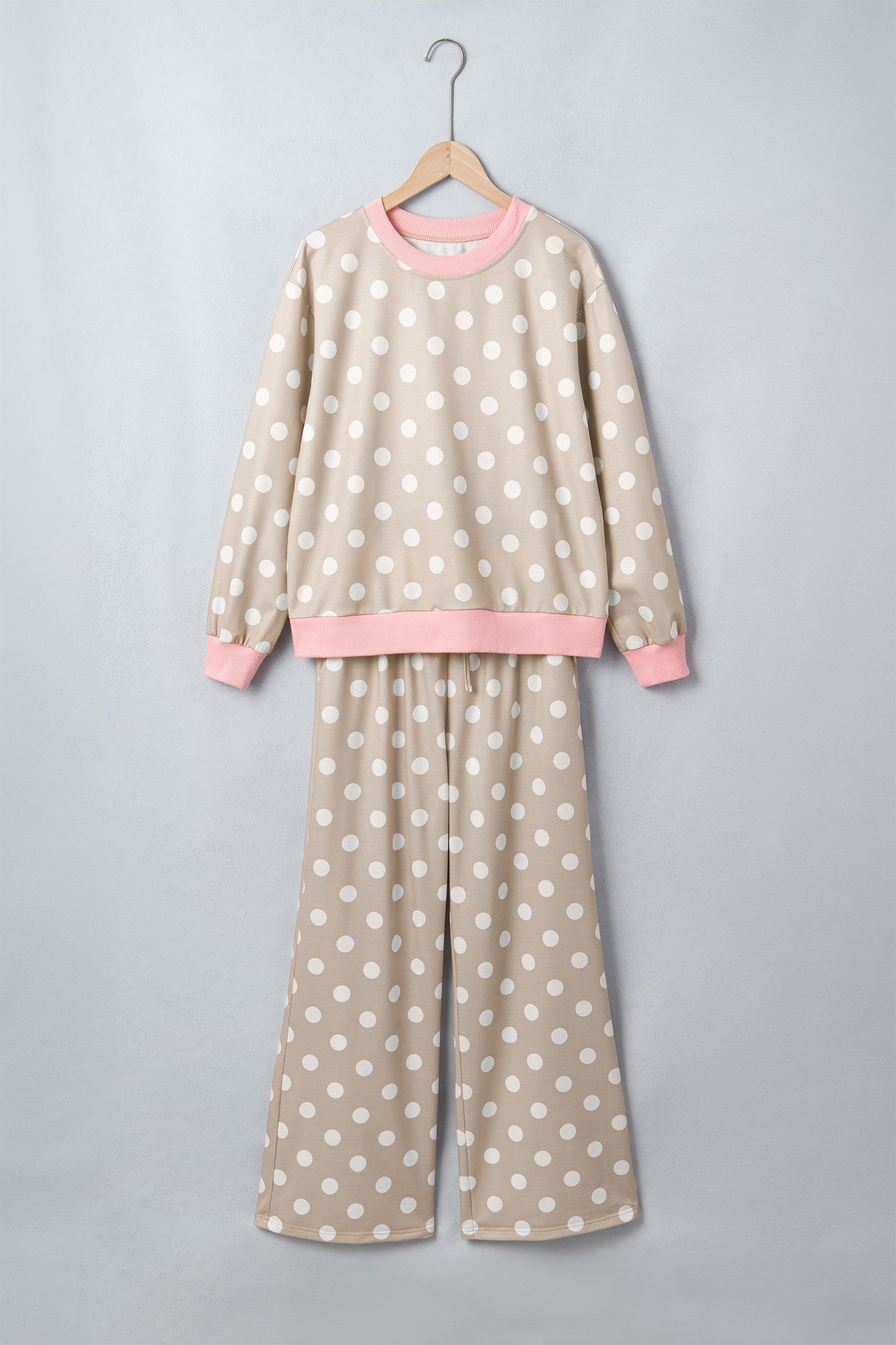 Khaki Polka Dot Contrast Trim Long Sleeve Top Drawstring Shift Pants Set