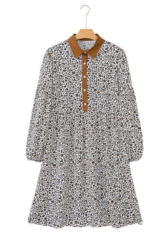 Khaki Plus Size Button V Neck Leopard Print Puff Sleeve Loose Mini Dress