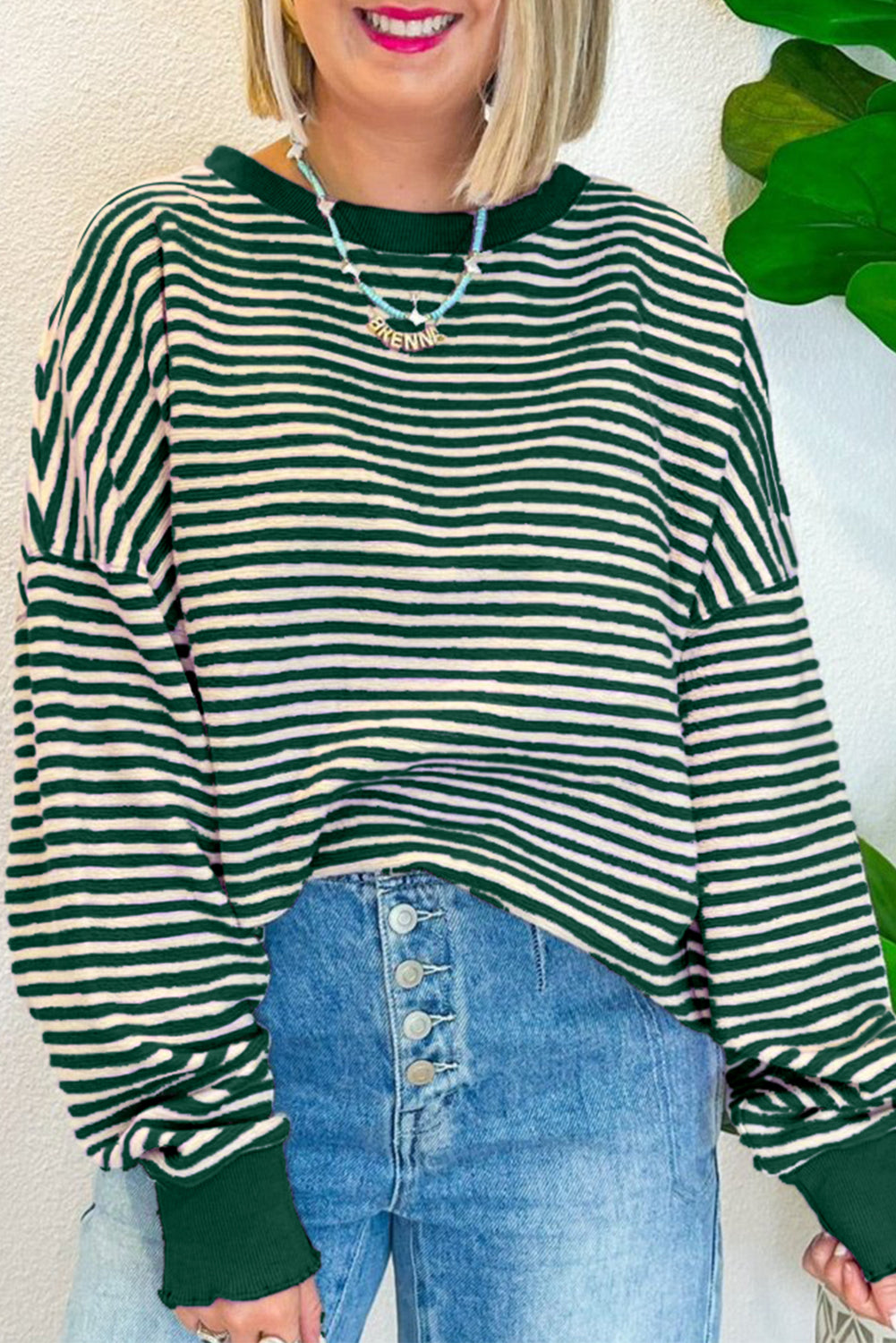 Pink Stripe Drop Shoulder Long Sleeve Top