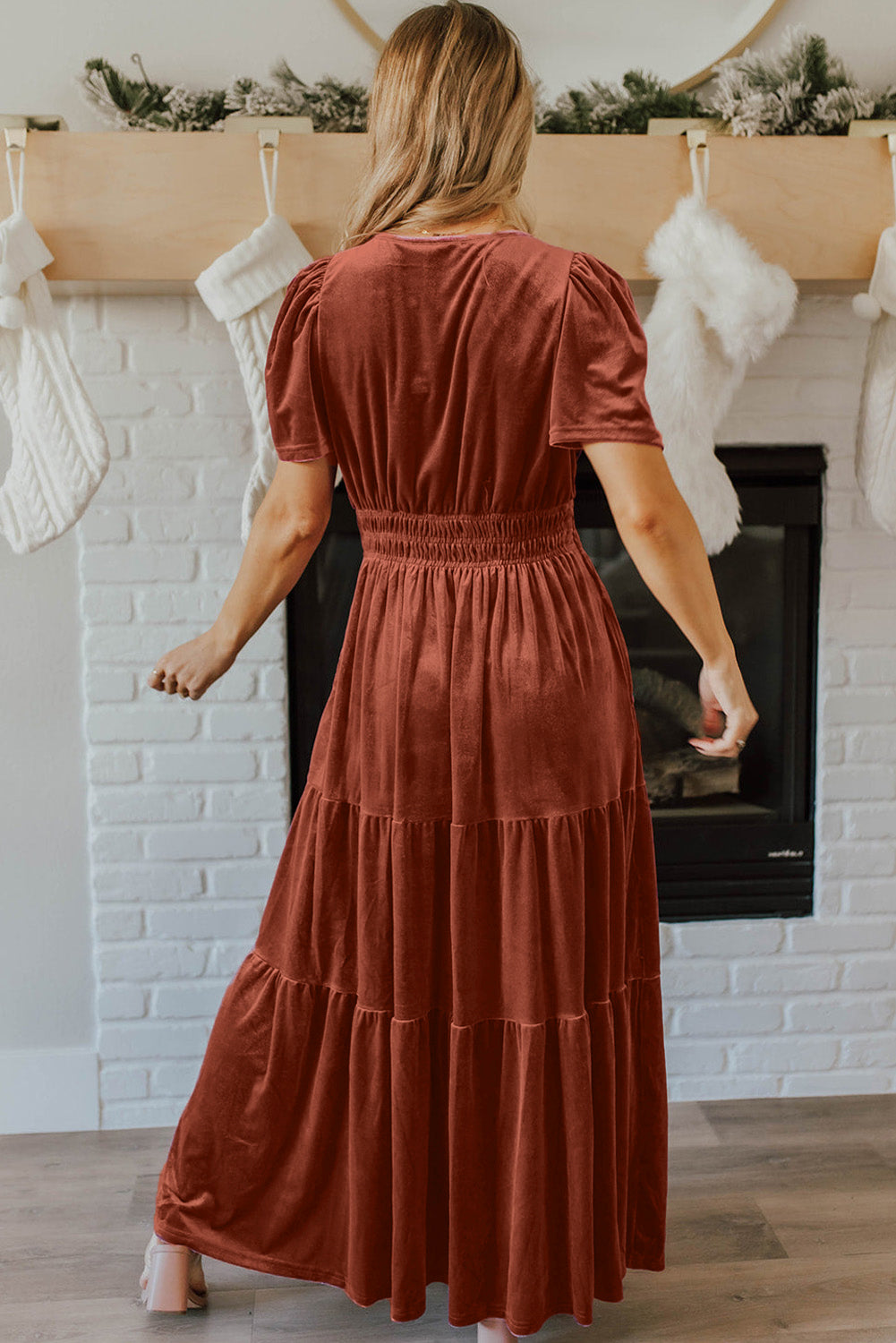 Chestnut Elegant Velvet Shirred Waist Tiered Maxi Dress