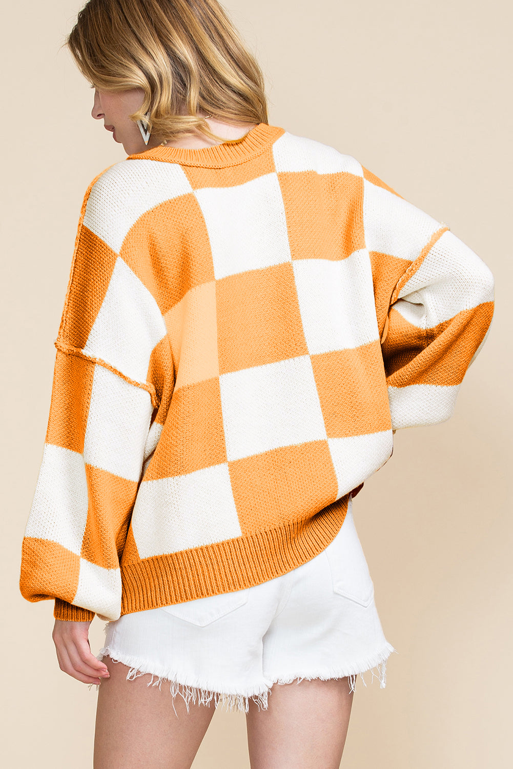 Rose Checkered Bishop Sleeve Pullover Sweater