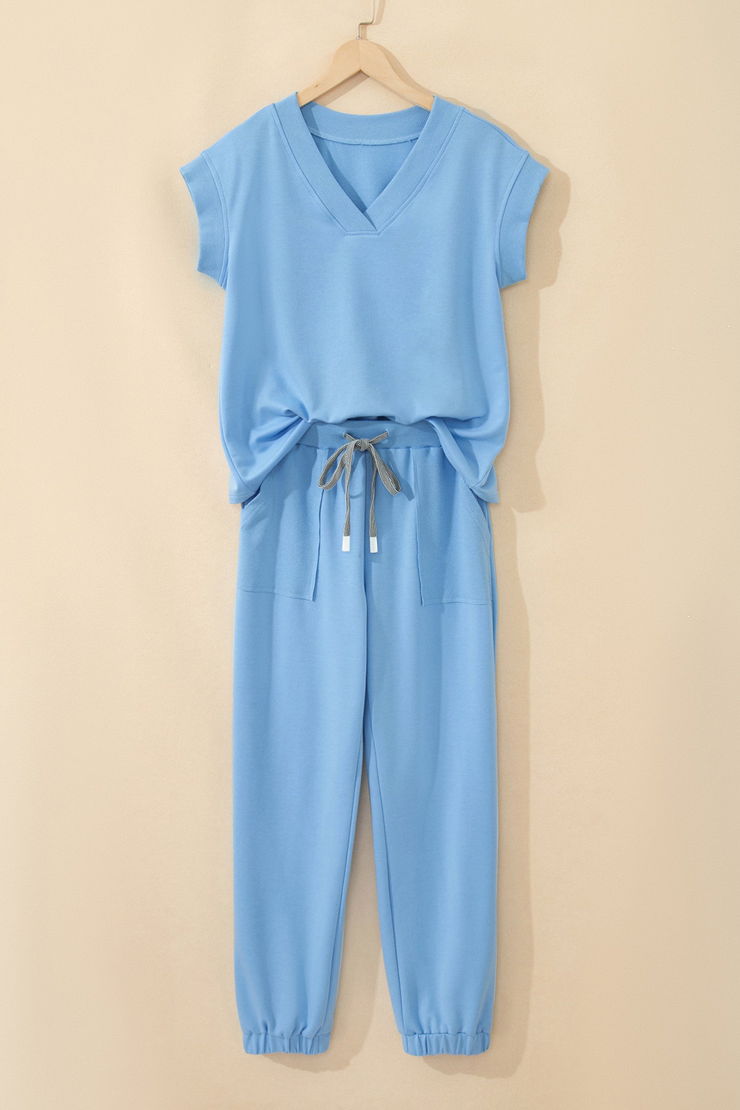 Mint Green Solid Color V Neck Tee Drawstring Pant Set