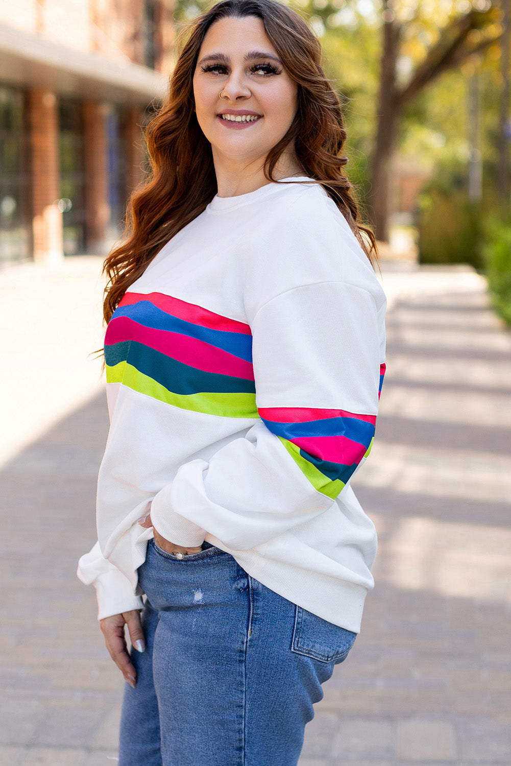 White Colorful Stripe Plus Size Sweatshirt