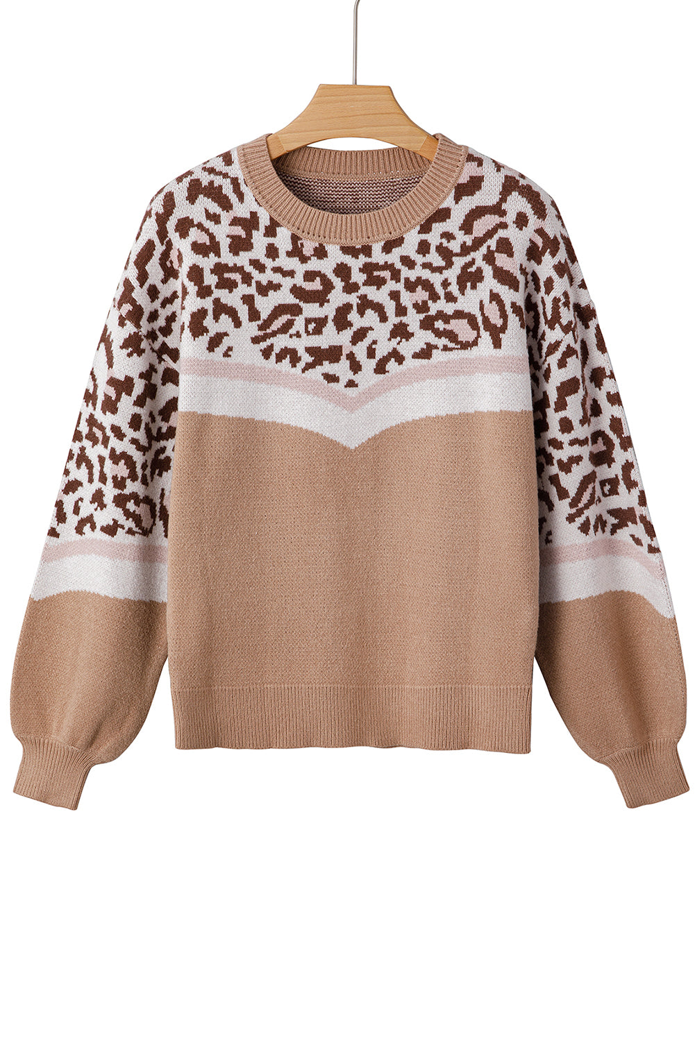 Straw Yellow Leopard Colorblock Patchwork Round Neck Sweater
