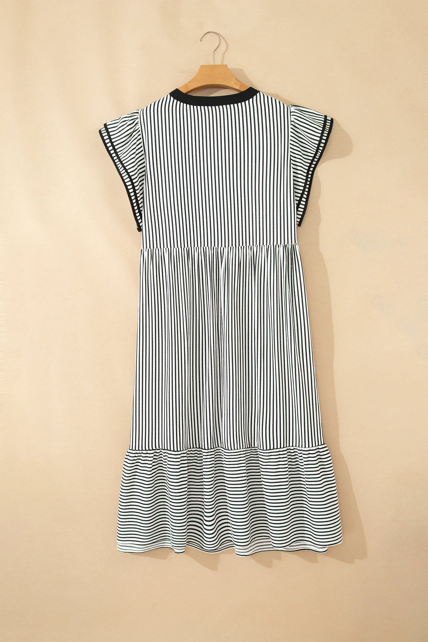 Black Stripe Plus Size Slit V Neck Tiered Flutter Sleeve Maxi Dress