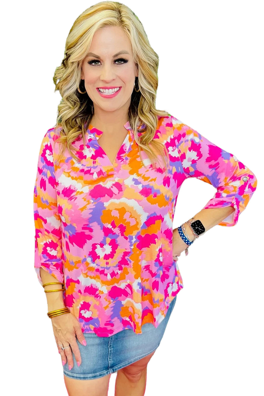 Pink Abstract Floral Print Tab Sleeve Notched Neck Blouse