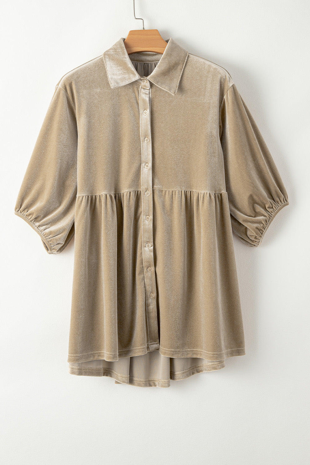 Khaki Lantern Sleeve Tunic Babydoll Velvet Shirt