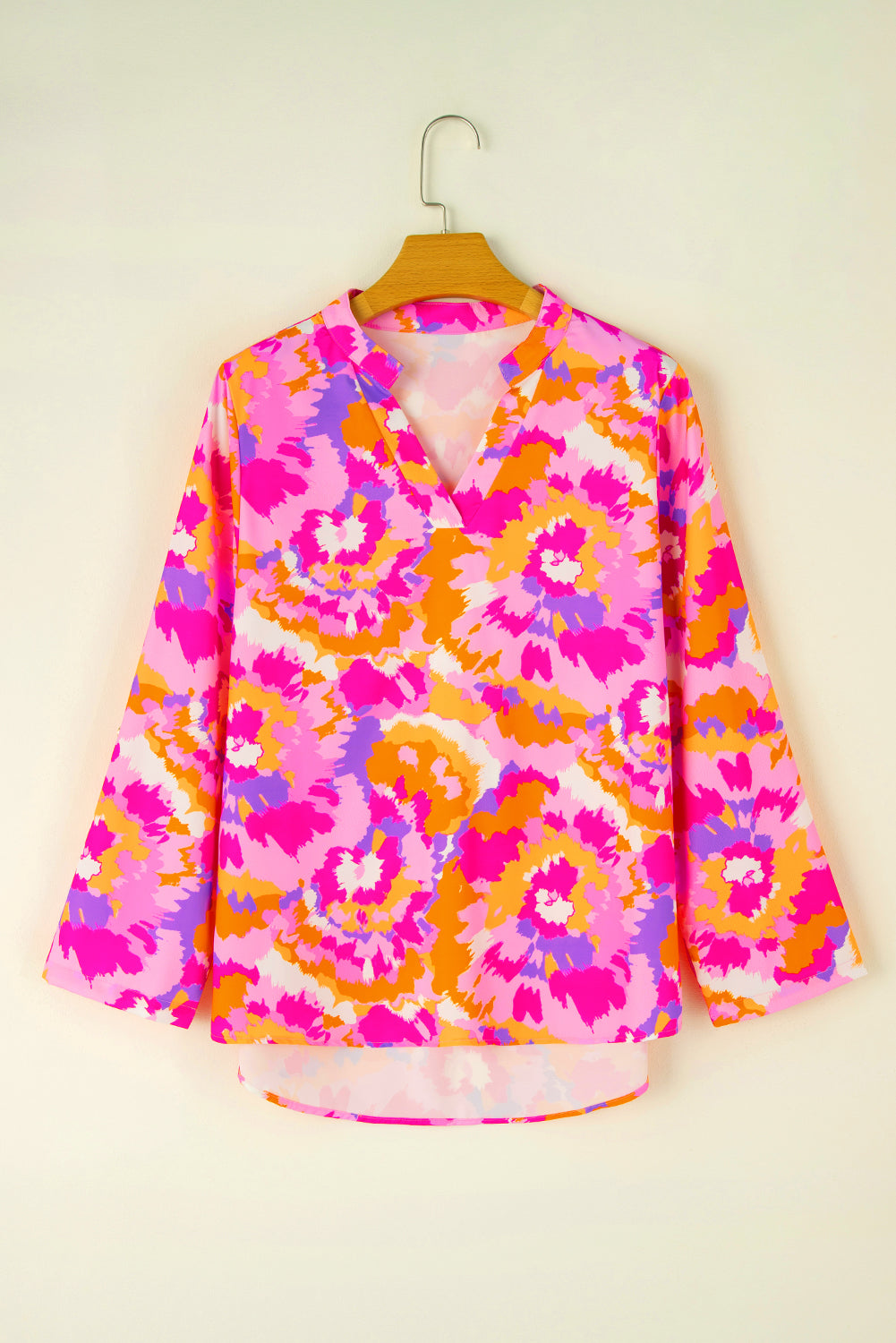 Pink Abstract Floral Print Tab Sleeve Notched Neck Blouse