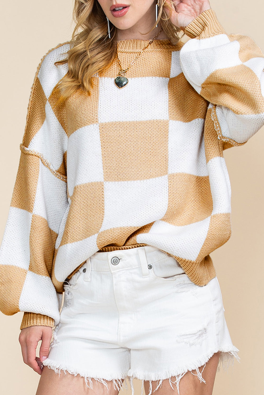 Rose Checkered Bishop Sleeve Pullover Sweater