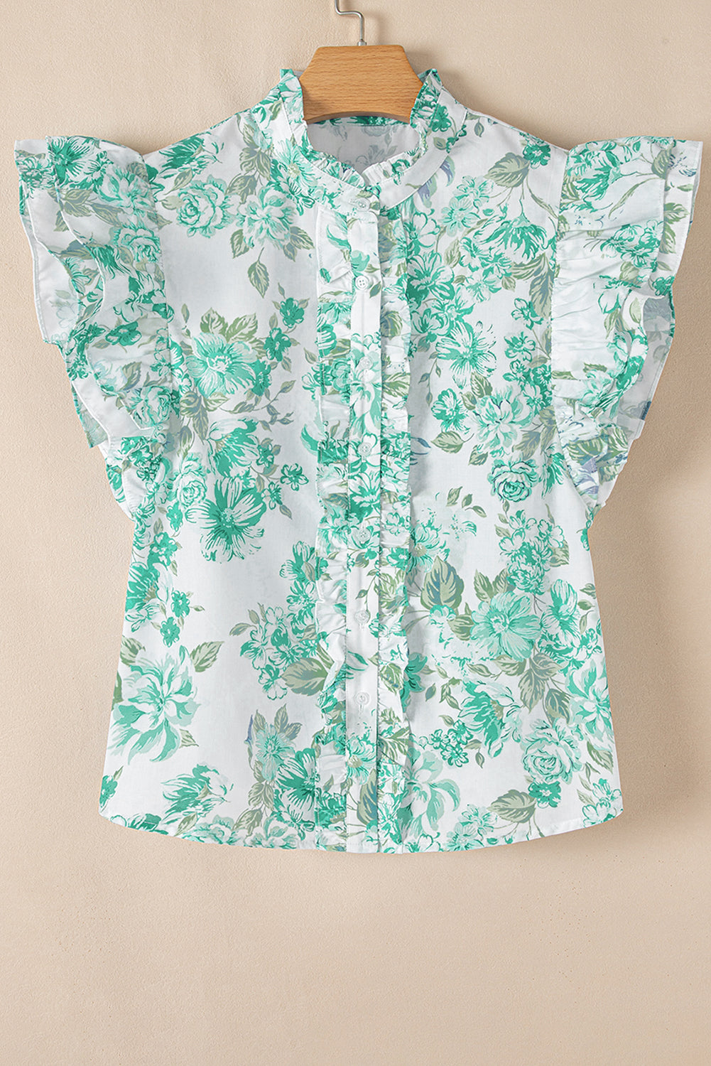Spring Floral Print Ruffle Sleeve Frill Shirt