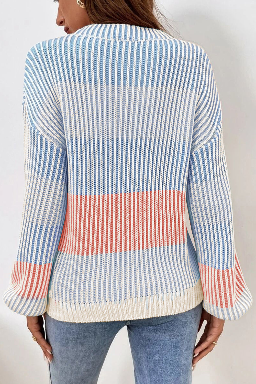 Pink Colorblock Lantern Sleeve Rib Knitted Sweater