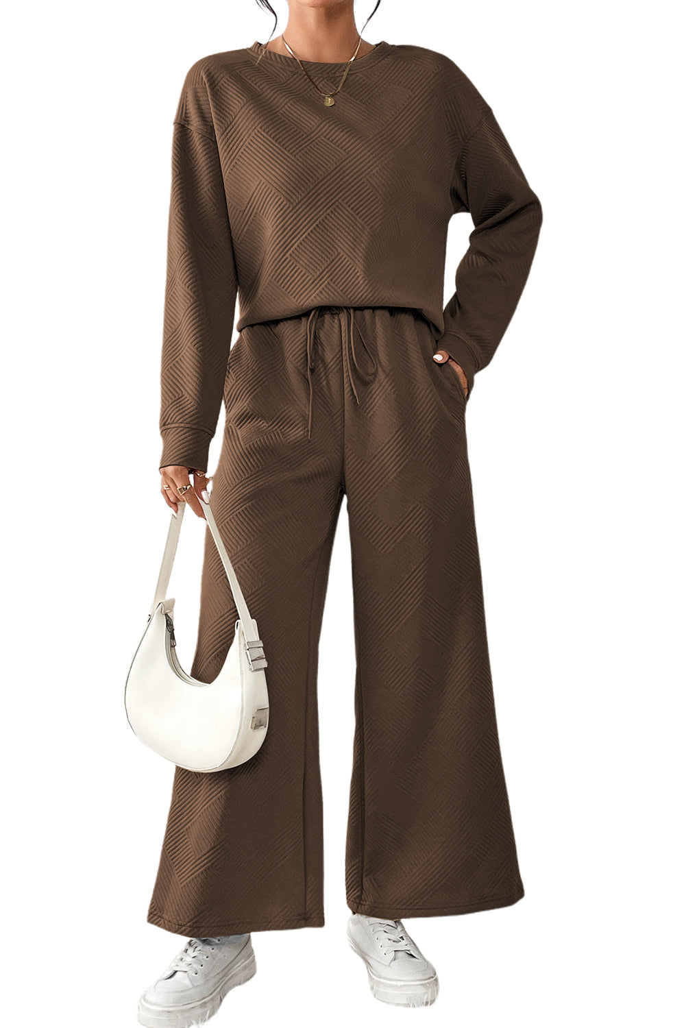 Dark Brown Textured Loose Slouchy Long Sleeve Top and Pants Set