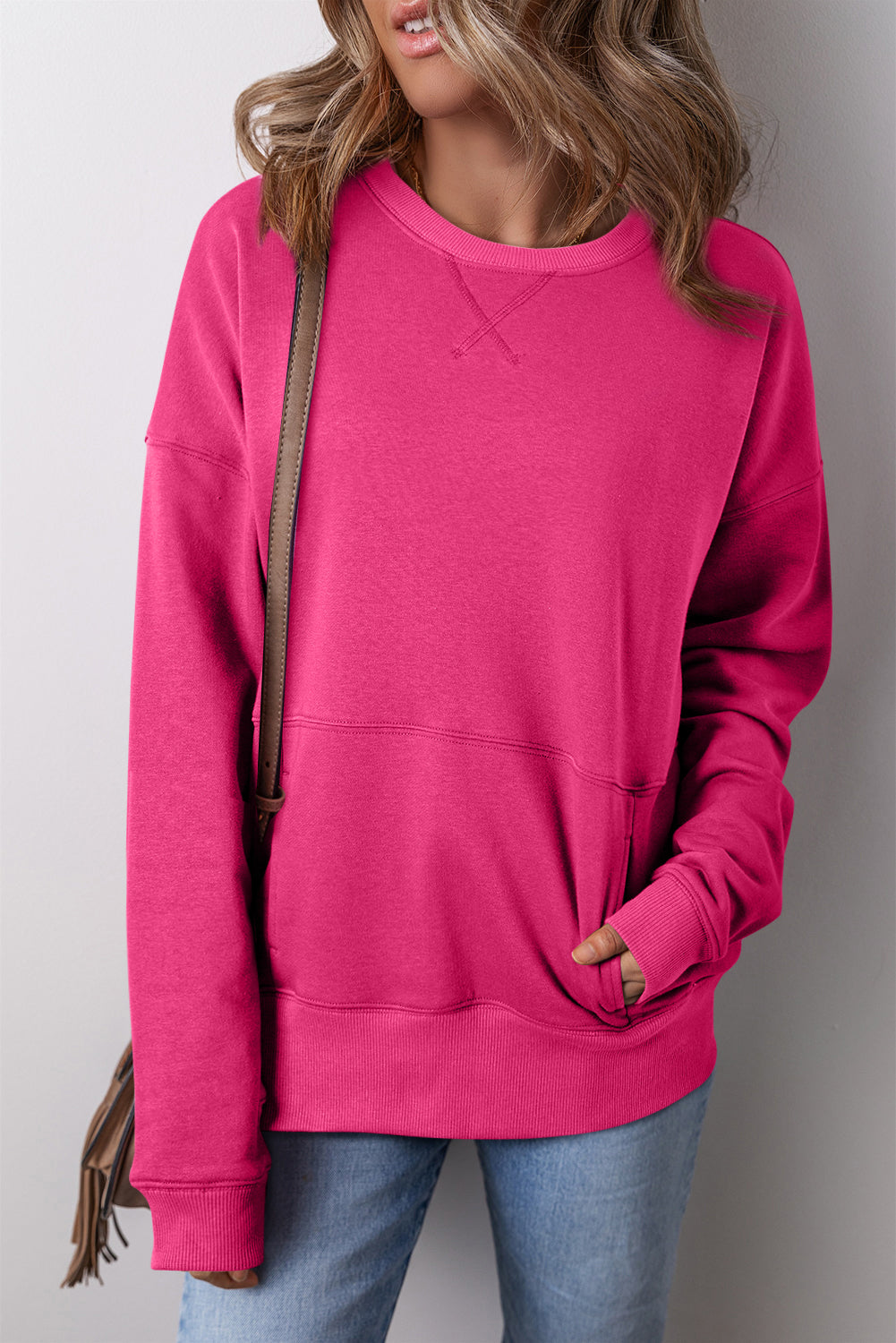 Rose Red Kangaroo Pocket Loose Fit Drop Shoulder Sweatshirt