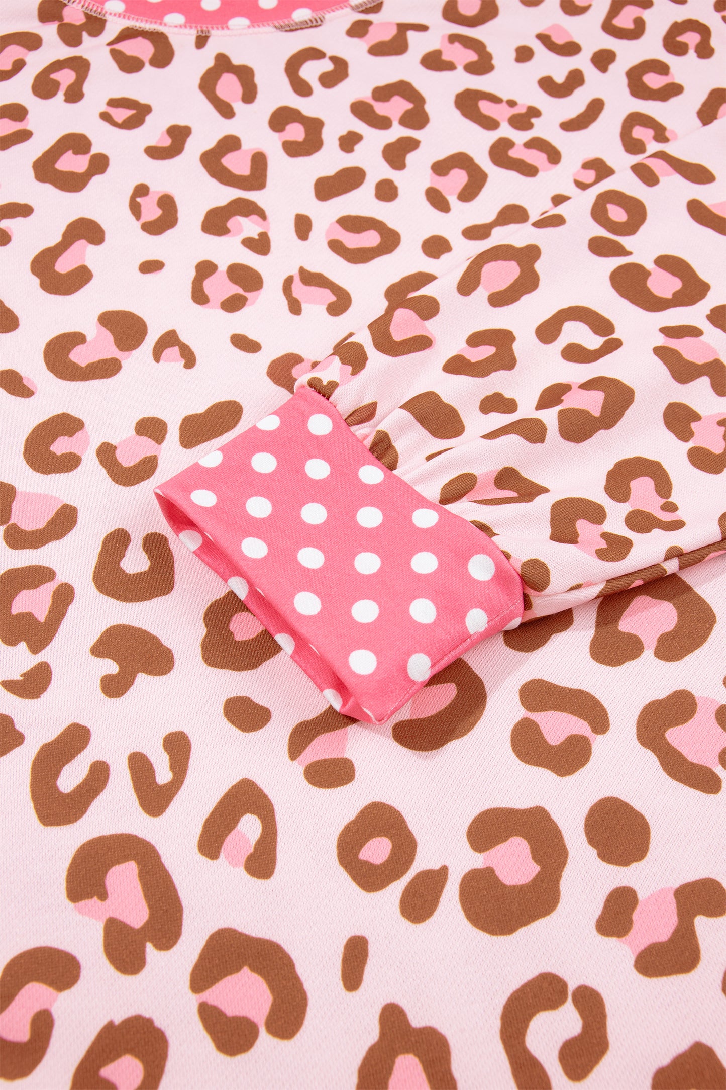 Pink Leopard Polka Dot Colorblock Trim Long Sleeve Top