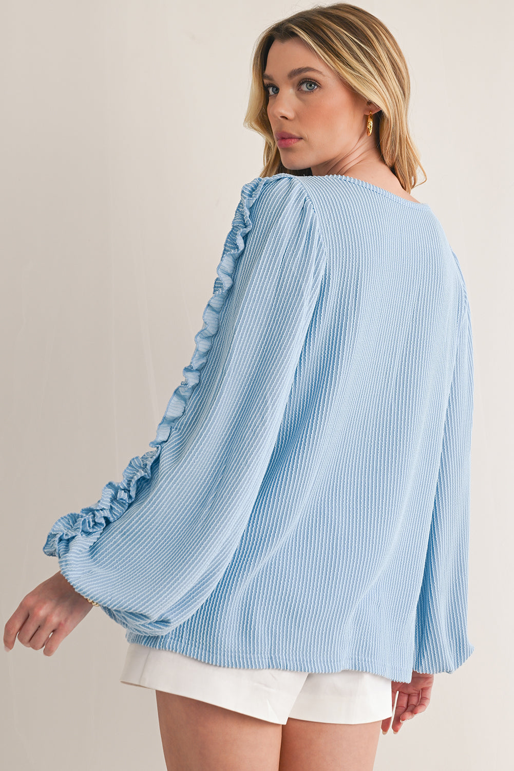 Mist Blue Corded Frill Detail Puff Sleeve Top