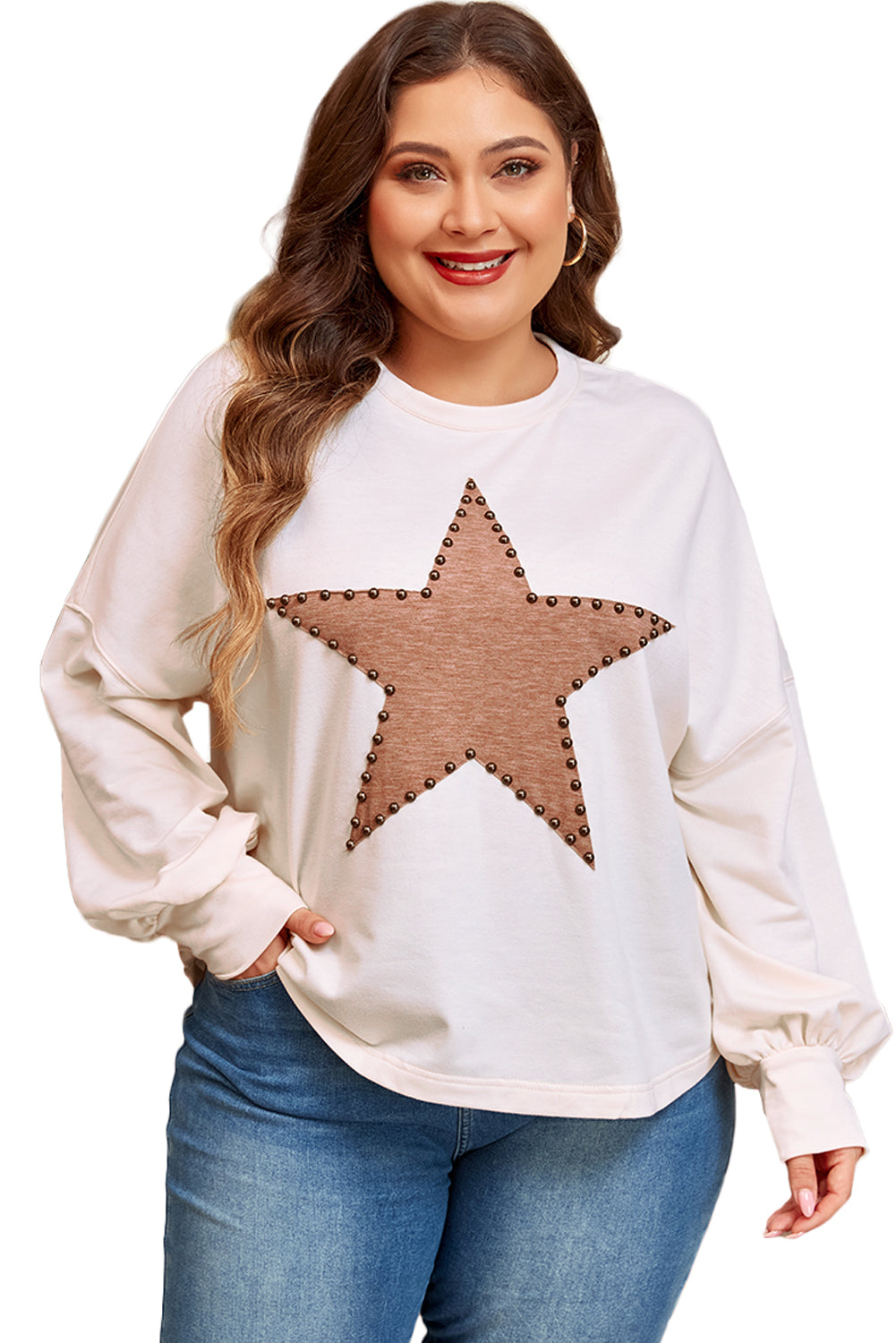 Beige Star Pattern Studded Crew Neck Plus Size Top