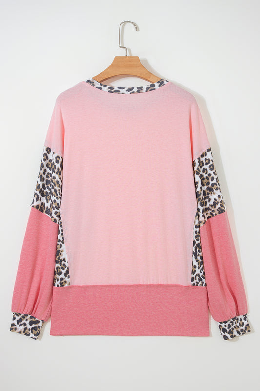 Light Pink Color Block Leopard Patchwork Dolman Sleeve High Low Baggy Sweatshirt