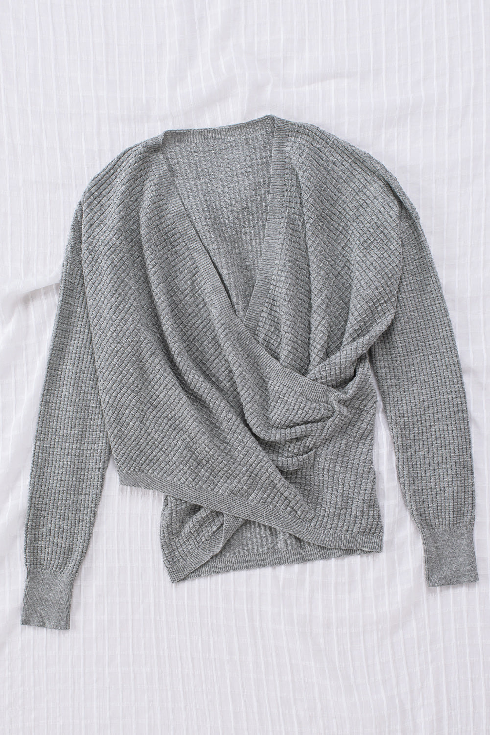 Khaki Wrap V Neck Waffle Sweater