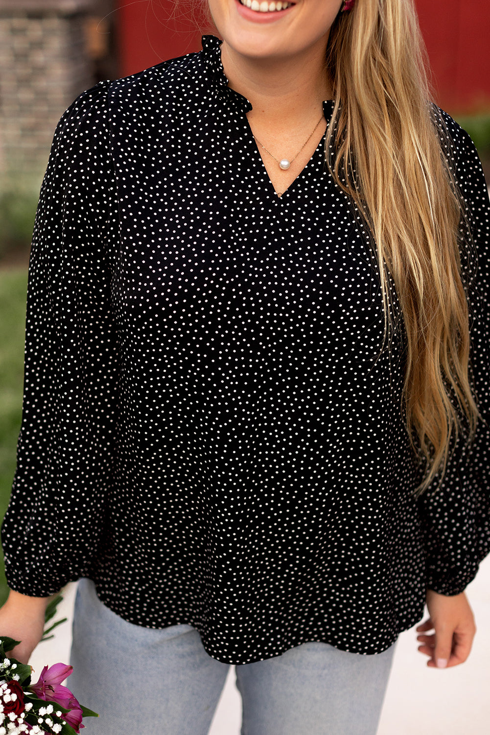 Black Plus Size Leopard Print Frill Notch V Neck Blouse