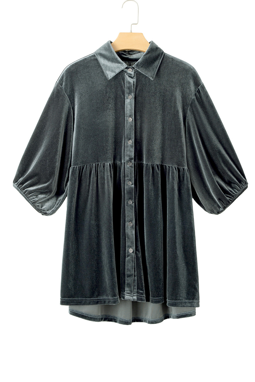 Khaki Lantern Sleeve Tunic Babydoll Velvet Shirt