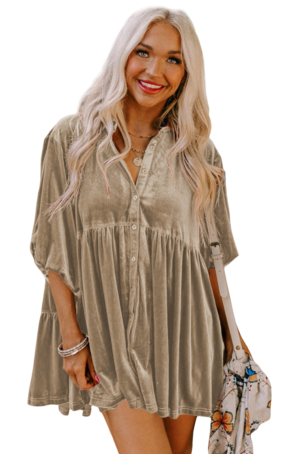 Khaki Lantern Sleeve Tunic Babydoll Velvet Shirt