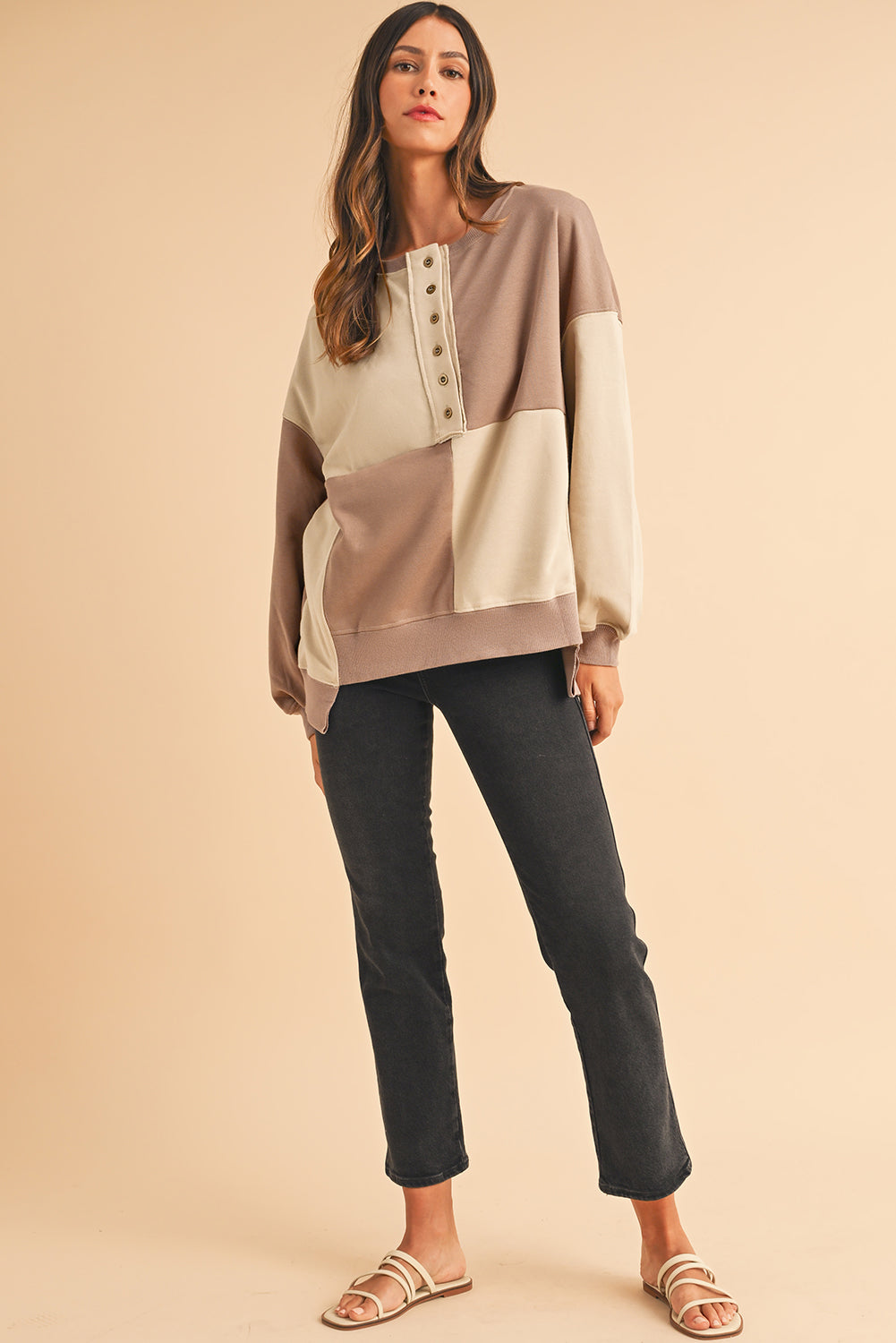 Pink Colorblock High Low Loose Henley Sweatshirt