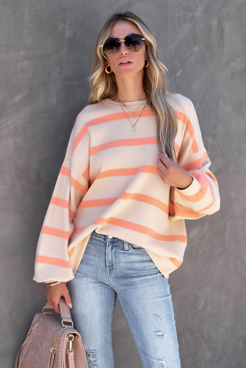 Orange Striped Print Drop Shoulder Pullover Sweatshirt